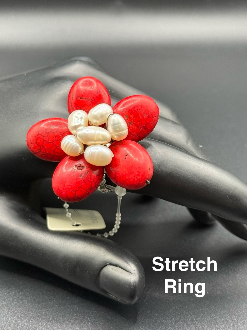 Red Flower Stretch Ring with Pearl Center